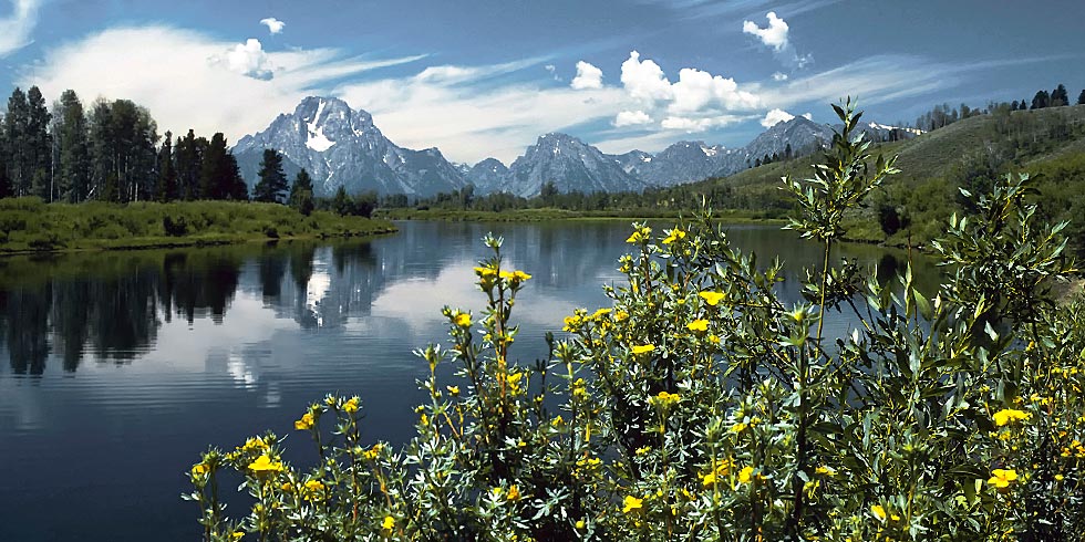 On calm mornings Mount Moran is often reflected in the waters of Oxbow Bend of the Snake River.